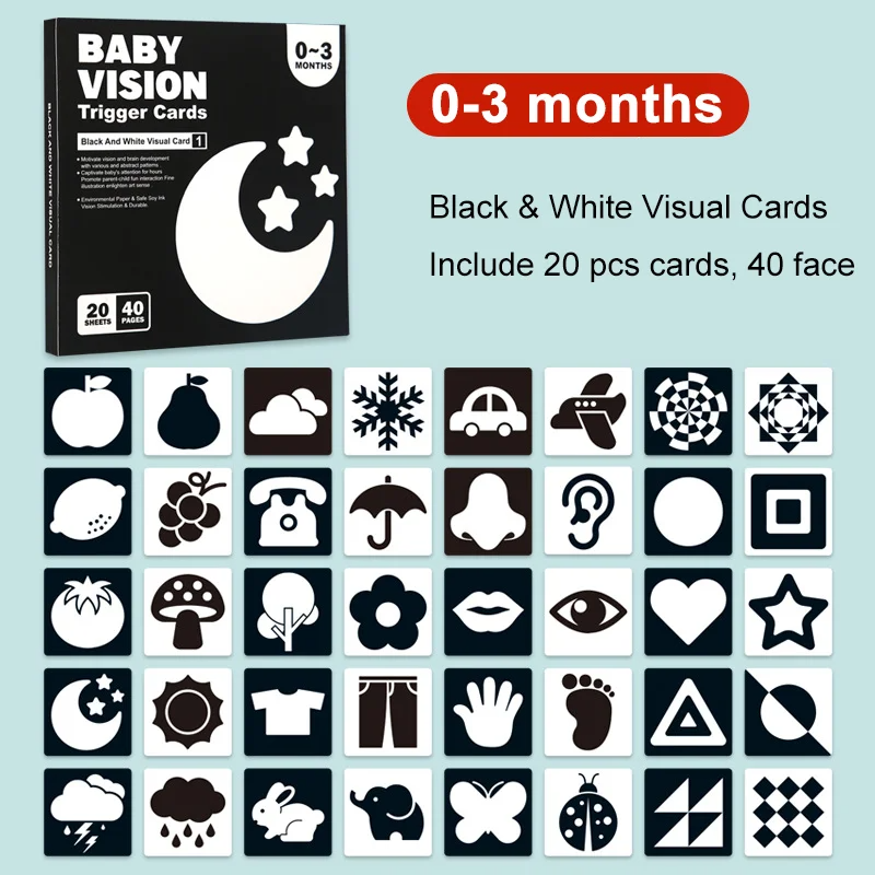 VisionTots™ – Zwart-Witte Contrastkaarten – Visuele Stimuleringskaarten Baby