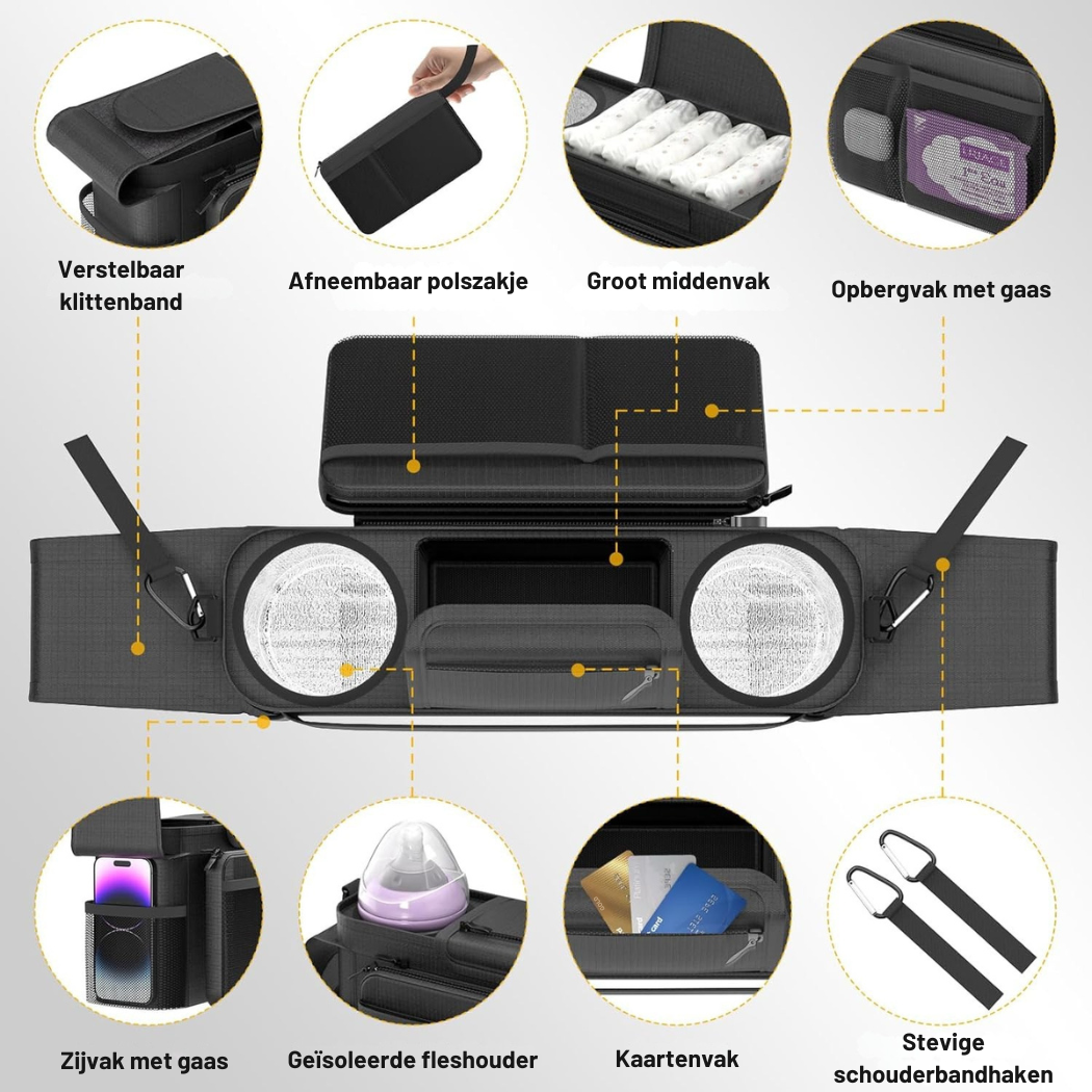 StrollEase™ – Handige Organizer met Thermovakken – Kinderwagen Opbergaccessoire
