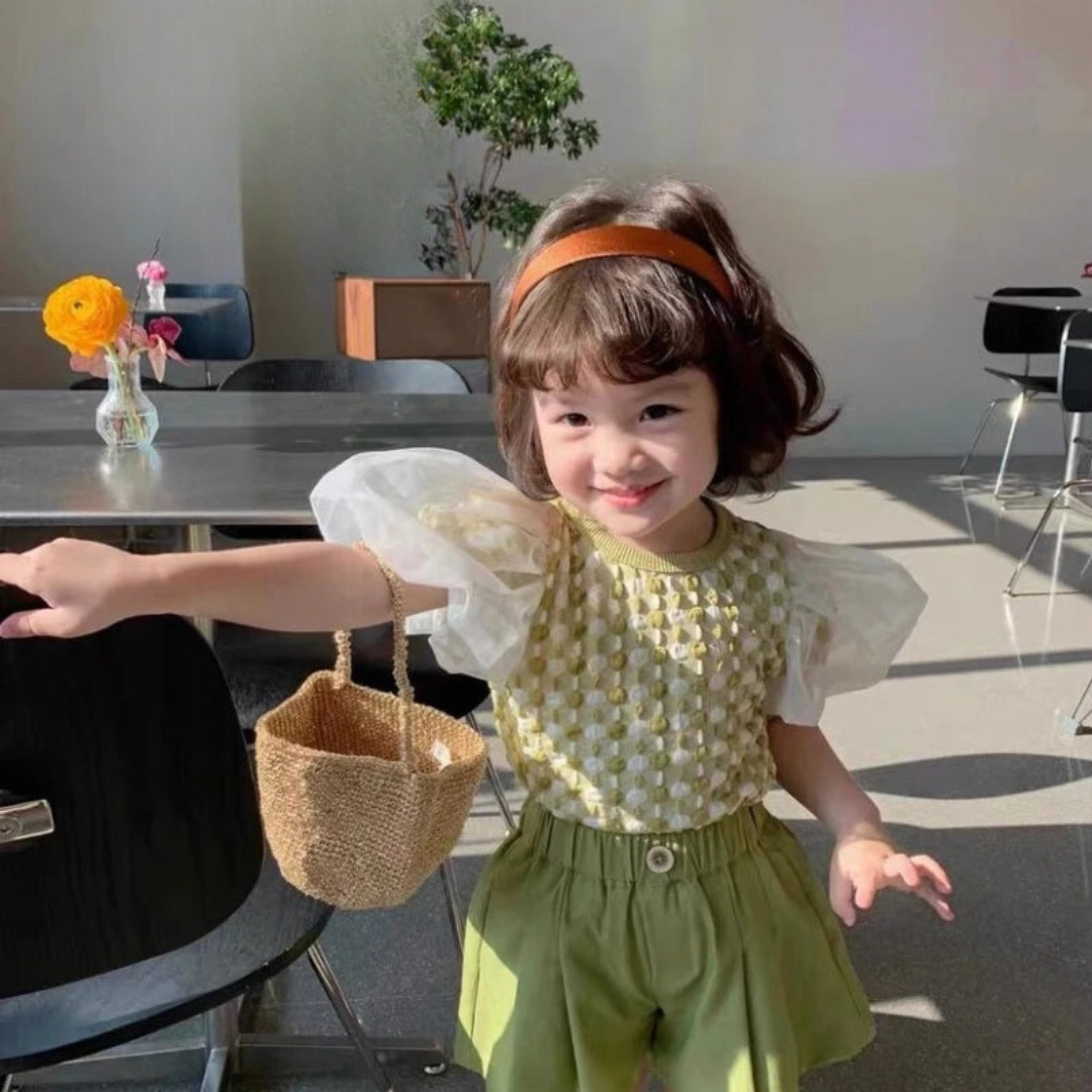 SunCharm™ – Zomerset met Puff Sleeves – Meisjes Outfit voor Schooldagen