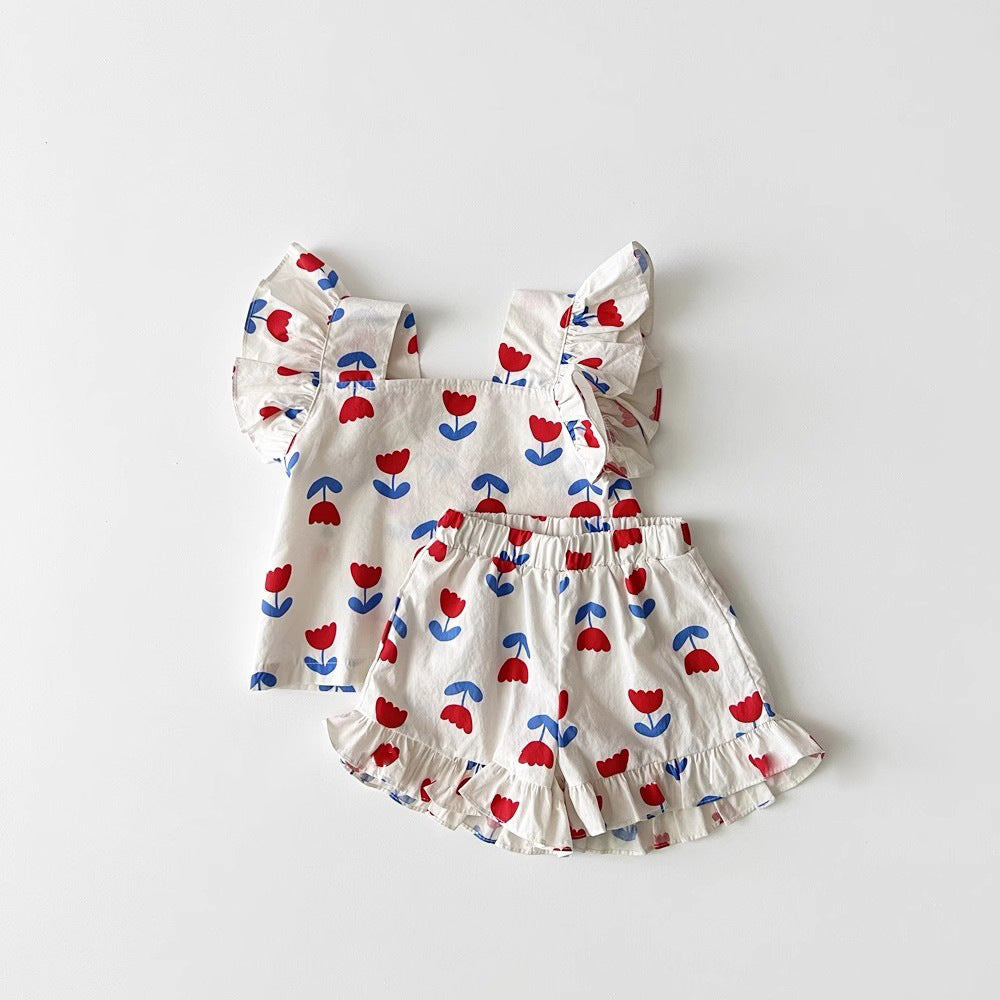 TulipTwirl™ – Zomerset met Tulpenprint en Ruches – Meisjes Katoenen Outfit