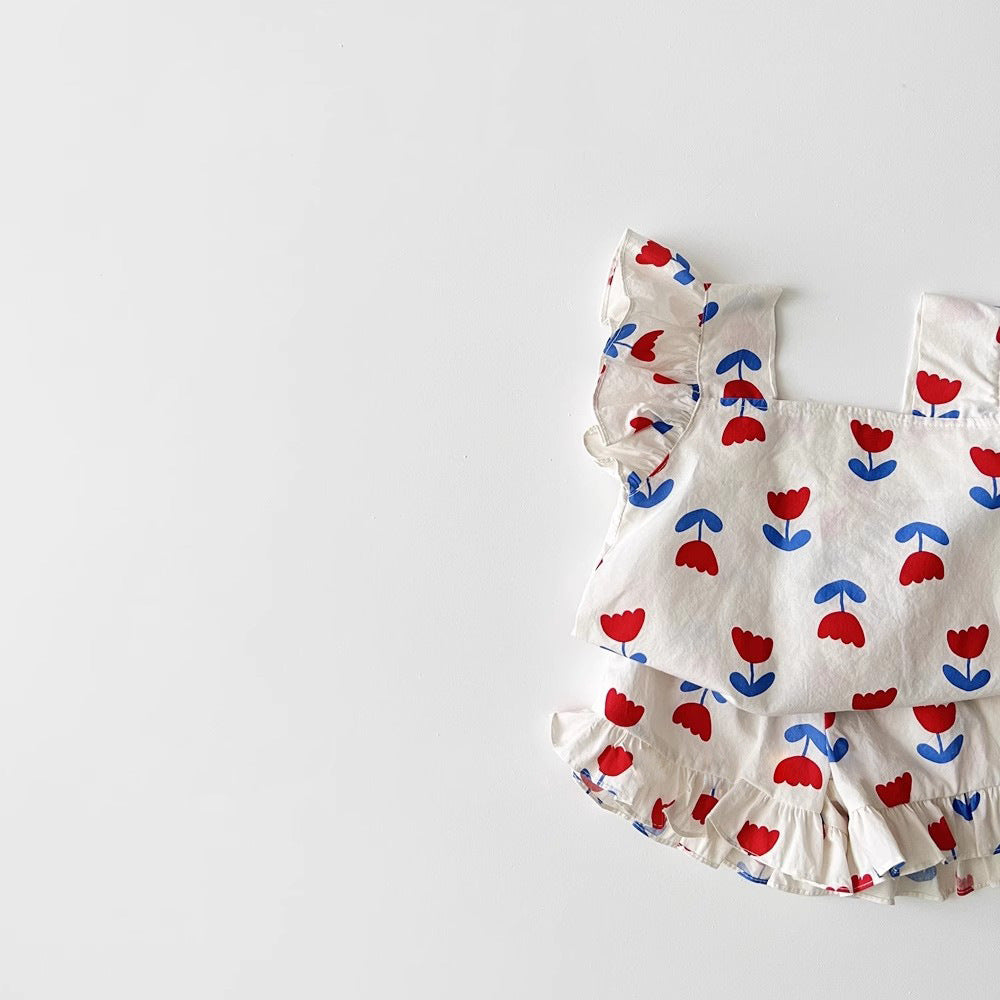 TulipTwirl™ – Zomerset met Tulpenprint en Ruches – Meisjes Katoenen Outfit