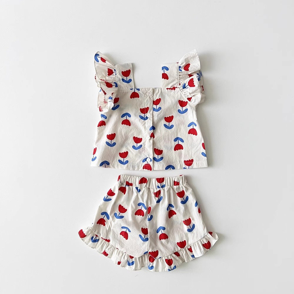 TulipTwirl™ – Zomerset met Tulpenprint en Ruches – Meisjes Katoenen Outfit