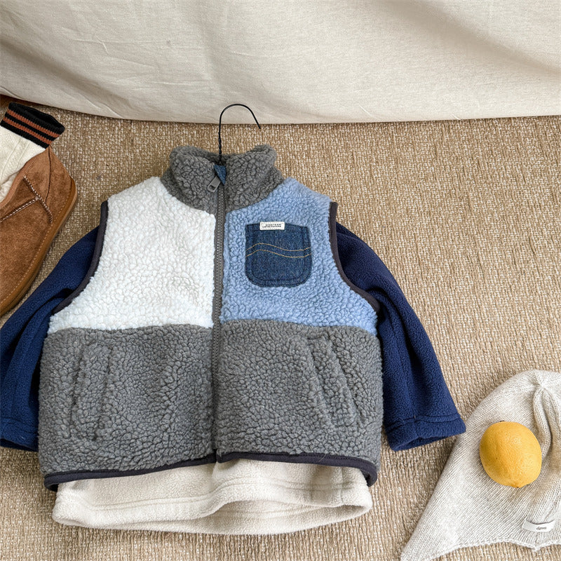 FleecePatch™ – Warme Gilet met Denim Detail – Unisex Bodywarmer voor Kinderen