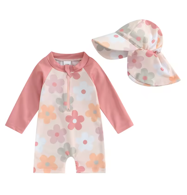 FloraSplash™ – UV Zwempakje met Hoed – Bloemenprint Babyset