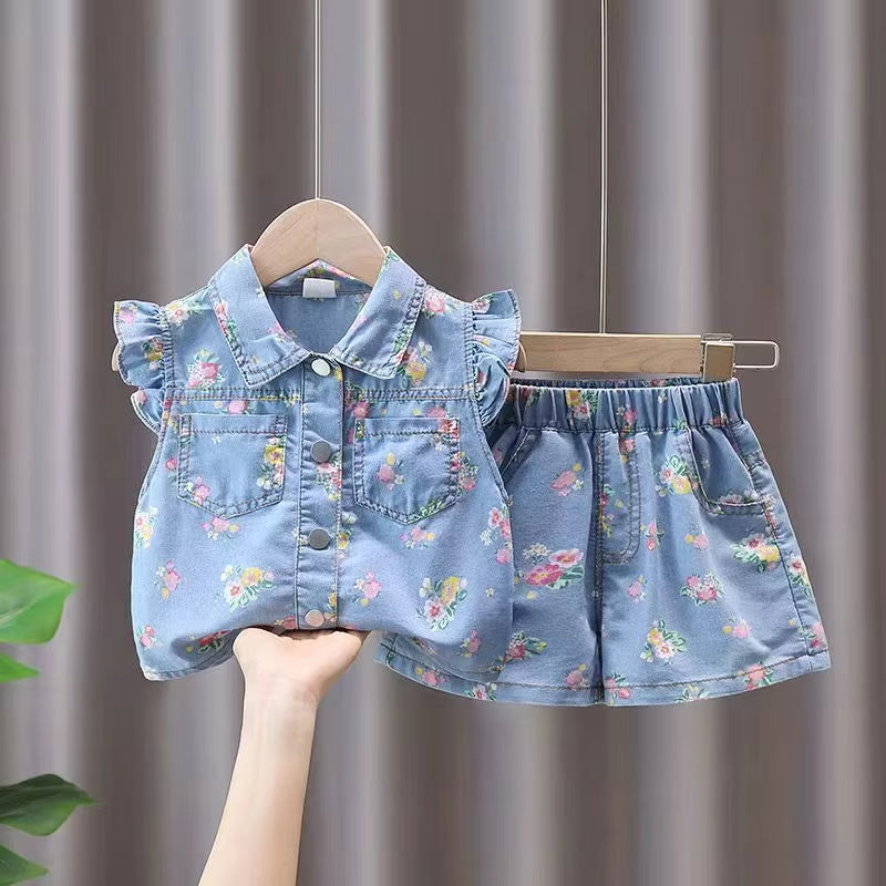 BloomDenim™ – Zomerset met Bloemenprint – Meisjes Outfit voor Warme Dagen