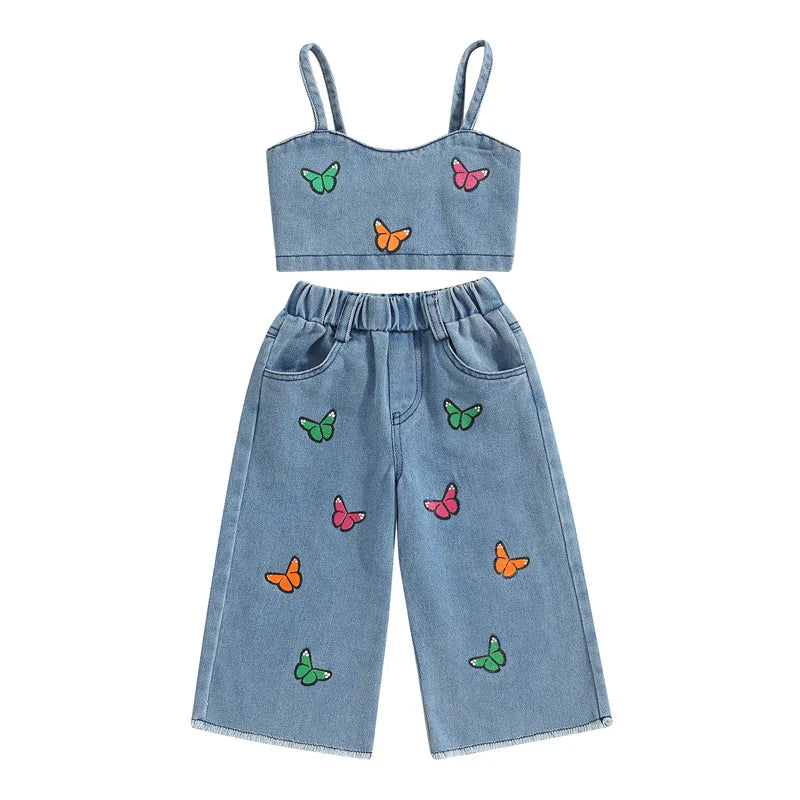 FlutterDenim™ – Denim Set met Vlinderborduursel – Meisjes Zomeroutfit