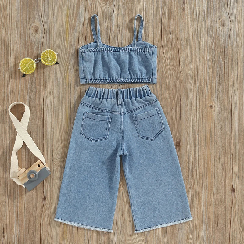 FlutterDenim™ – Denim Set met Vlinderborduursel – Meisjes Zomeroutfit