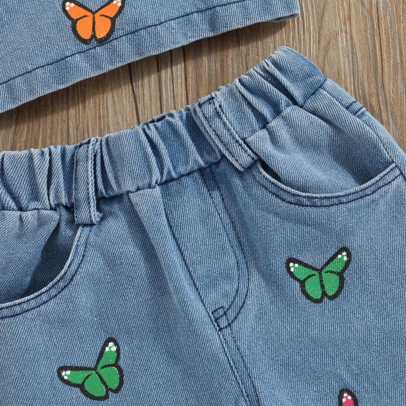 FlutterDenim™ – Denim Set met Vlinderborduursel – Meisjes Zomeroutfit