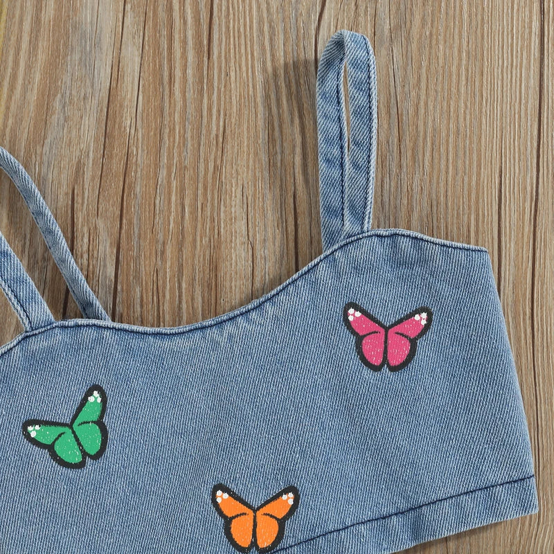 FlutterDenim™ – Denim Set met Vlinderborduursel – Meisjes Zomeroutfit