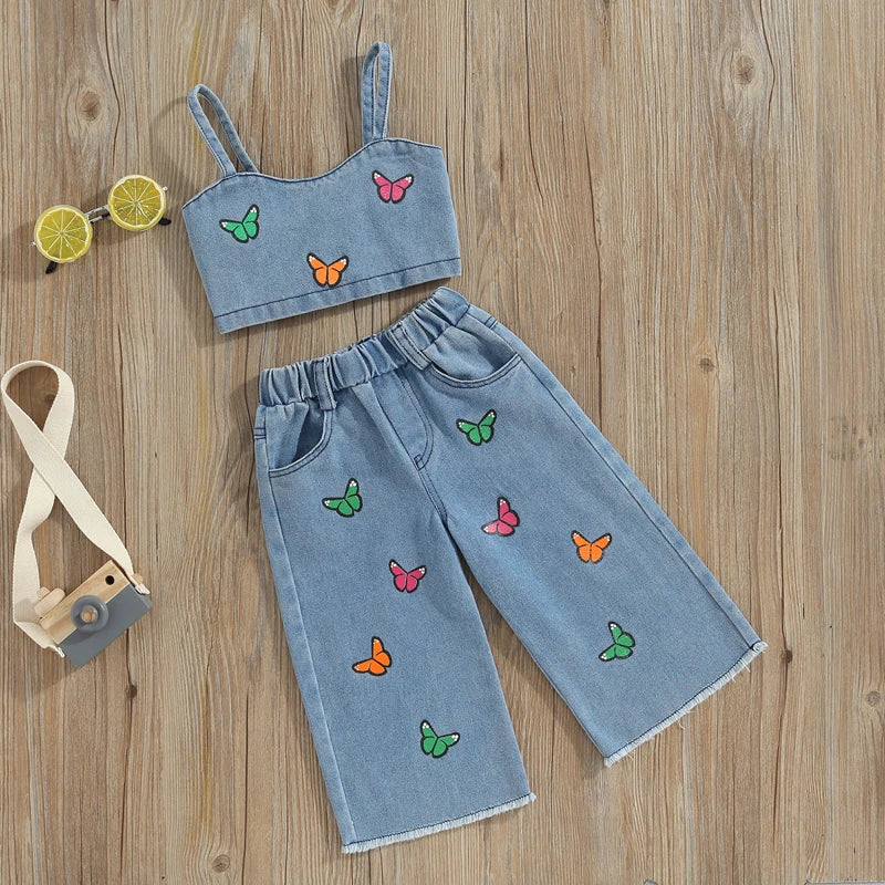 FlutterDenim™ – Denim Set met Vlinderborduursel – Meisjes Zomeroutfit