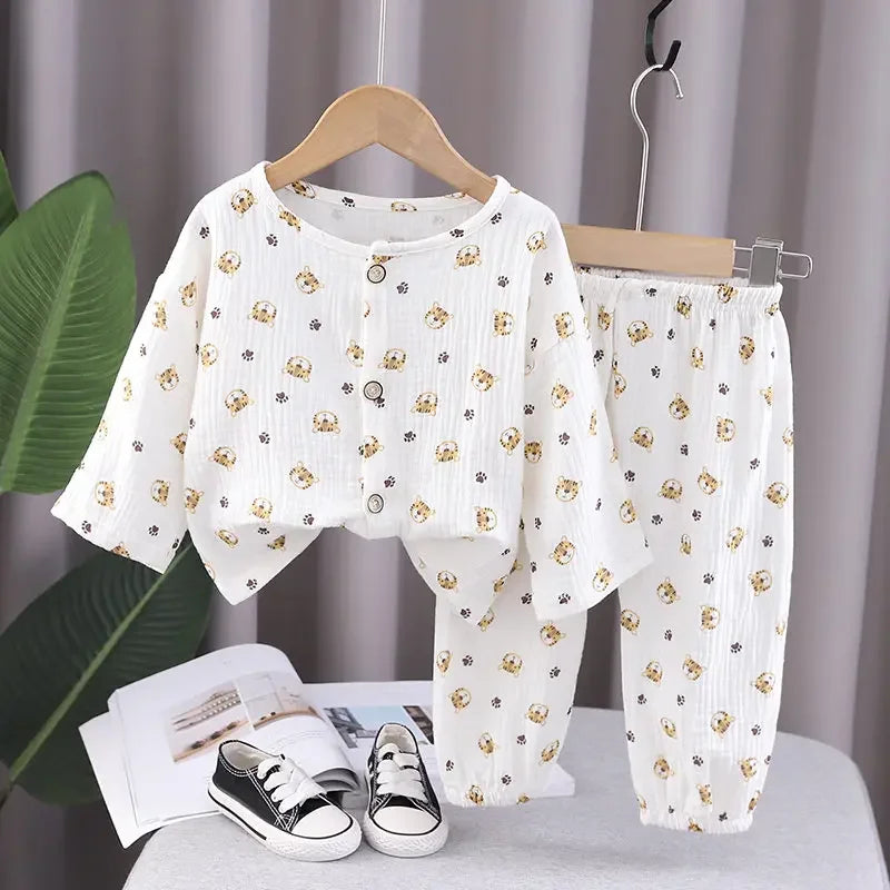 SkyJoy™ – Linnen Pyjamaset met Regenboogprint – Kinder Nachtkleding