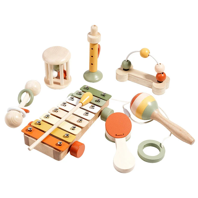 KlankNest™ – Houten Muziekinstrumenten Set voor Baby’s – Montessori Geluid & Ritme Ontdekking
