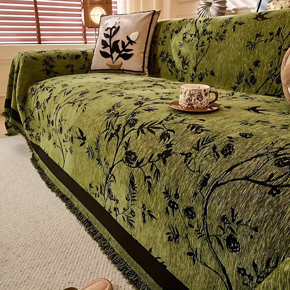 FloraChenille™ – Bloemen Jacquard Bankthrow met Kwastjes – Antislip-hoes, geschikt voor huisdieren