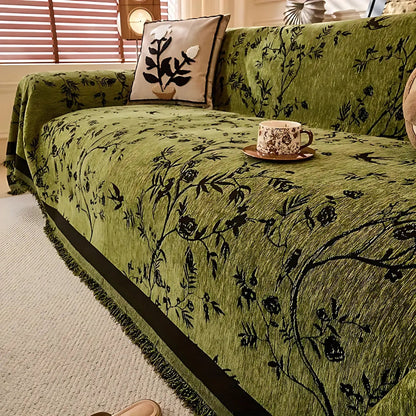 FloraChenille™ – Bloemen Jacquard Bankthrow met Kwastjes – Antislip-hoes, geschikt voor huisdieren