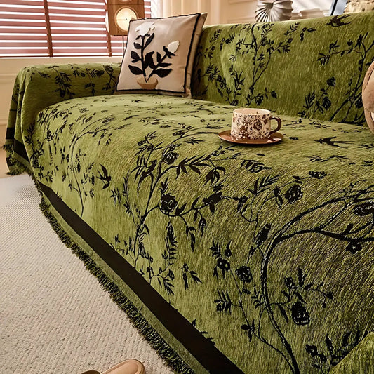 FloraChenille™ – Bloemen Jacquard Bankthrow met Kwastjes – Antislip-hoes, geschikt voor huisdieren