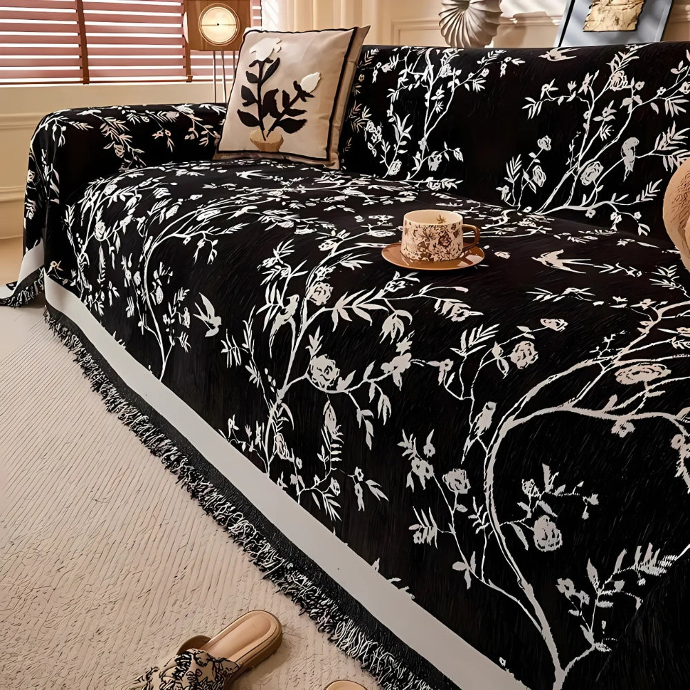 FloraChenille™ – Bloemen Jacquard Bankthrow met Kwastjes – Antislip-hoes, geschikt voor huisdieren