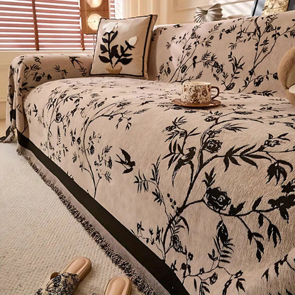 FloraChenille™ – Bloemen Jacquard Bankthrow met Kwastjes – Antislip-hoes, geschikt voor huisdieren