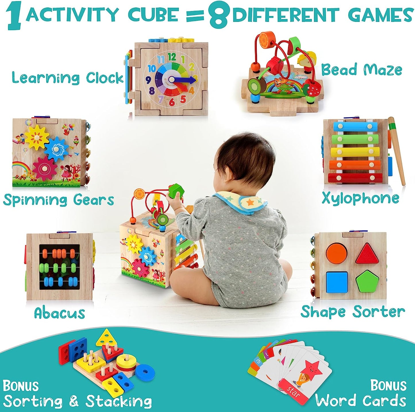 EduCube™ – 8-in-1 Montessori Activiteitenkubus – Educatief Speelplezier voor Baby’s