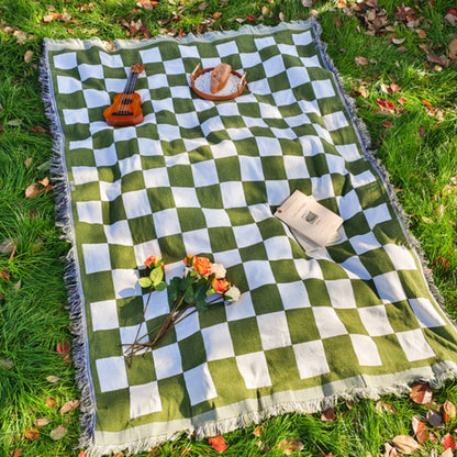 CozyCheck™ – Geruit Picknickkleed met Franjes – All Season Outdoor Deken