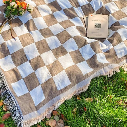 CozyCheck™ – Geruit Picknickkleed met Franjes – All Season Outdoor Deken