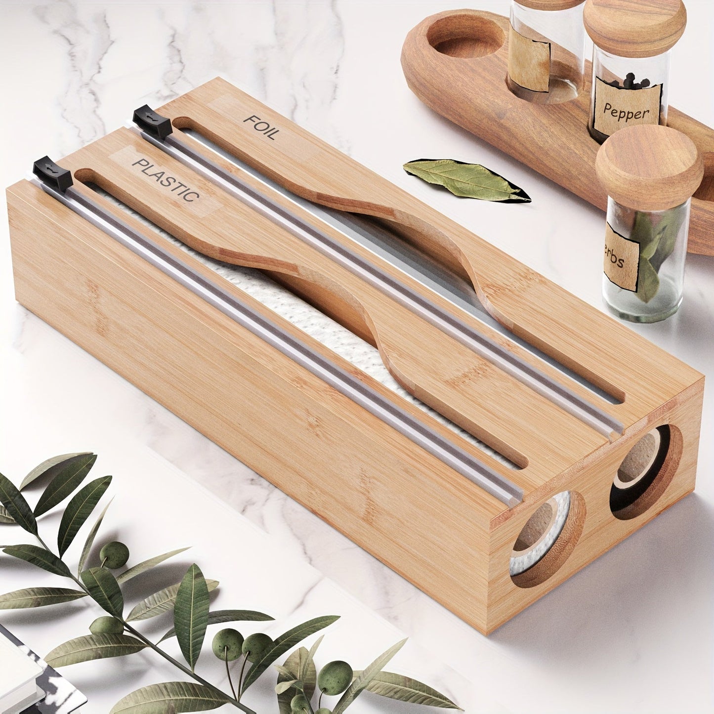 Bento Folie Dispenser - Bamboe 2-in-1 met Snijder 2