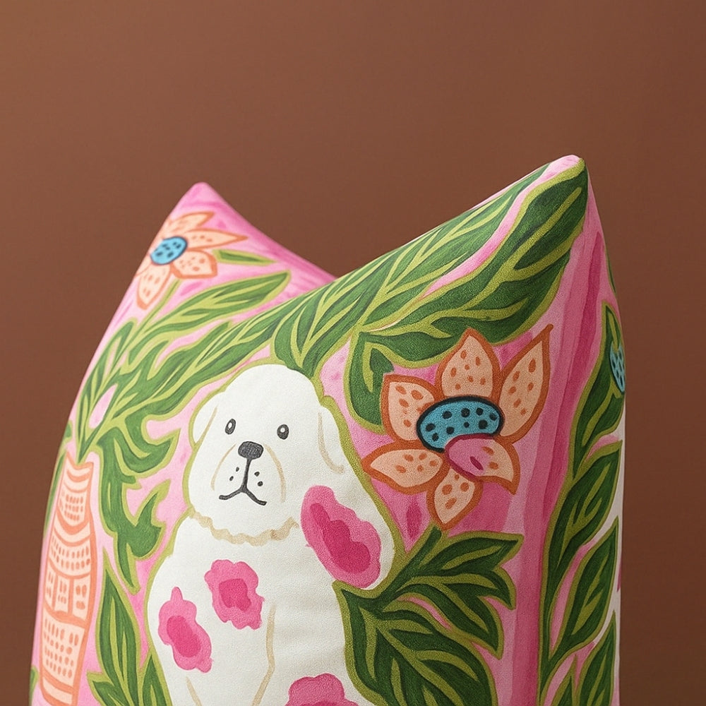 Blythe Kussenhoes - Microvezel, Roze Hondenmotief met Kwastjes 1