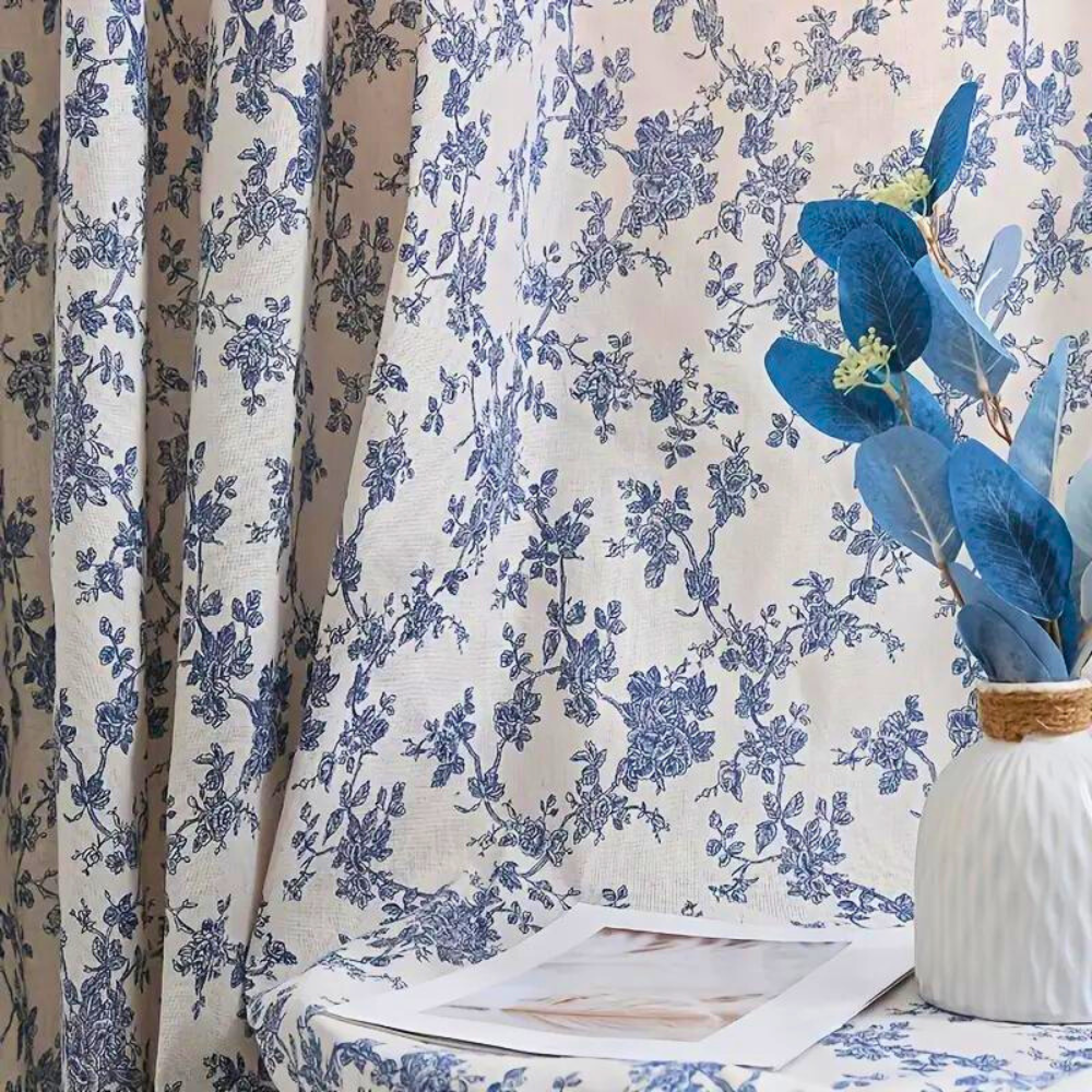 Boreal Gordijn - Semi-Transparant Polyester met Blauw Rozenpatroon 2