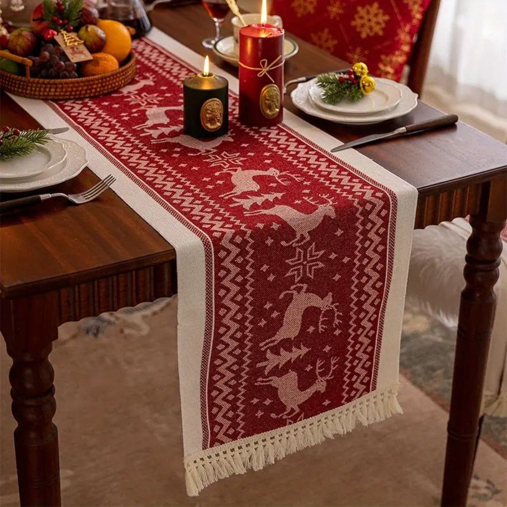 Caleo Tafelloper Kerst - Microvezel met Elanden en Kwastjes 0