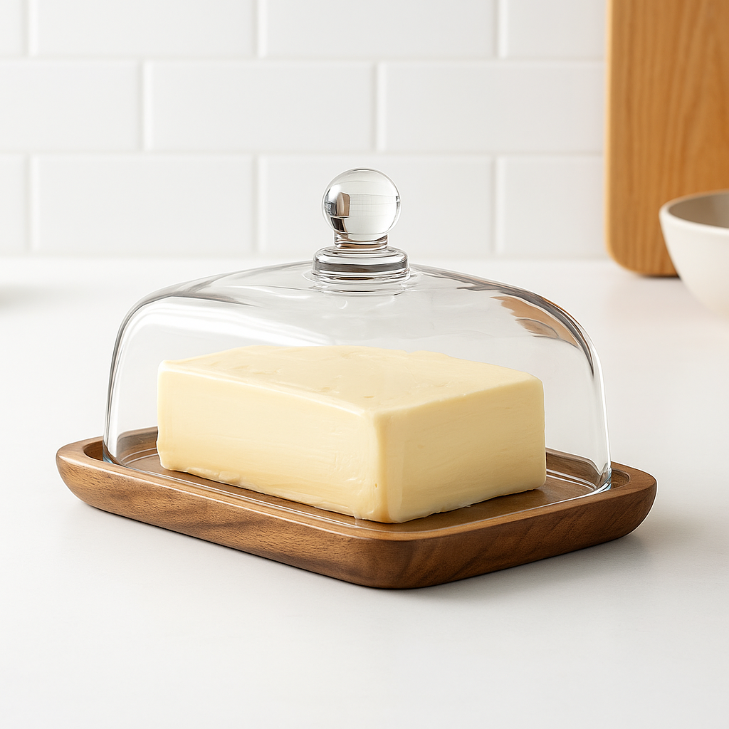ButterVault™ – Botervloot met Glazen Deksel – Houten Basis Bewaarset