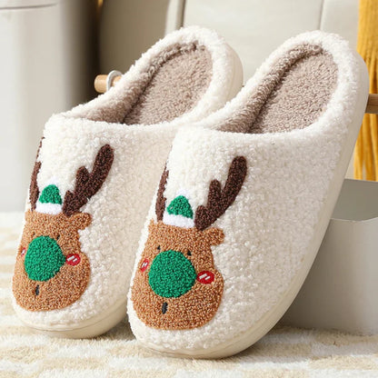Dik Gevoerde Huissloffen - Antislip Zool, Rendier Design, Comfortabel voor Binnen, Winterse Sfeer 0