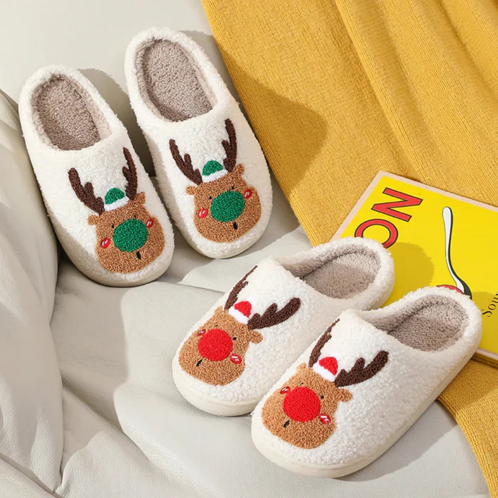 Dik Gevoerde Huissloffen - Antislip Zool, Rendier Design, Comfortabel voor Binnen, Winterse Sfeer 1