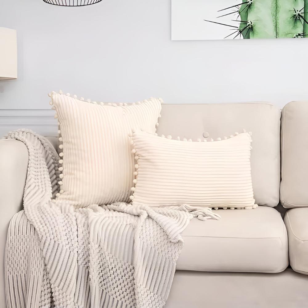 Elysia Kussenhoes 50x50 - Geribbelde Pluche met Pomponaccenten 0