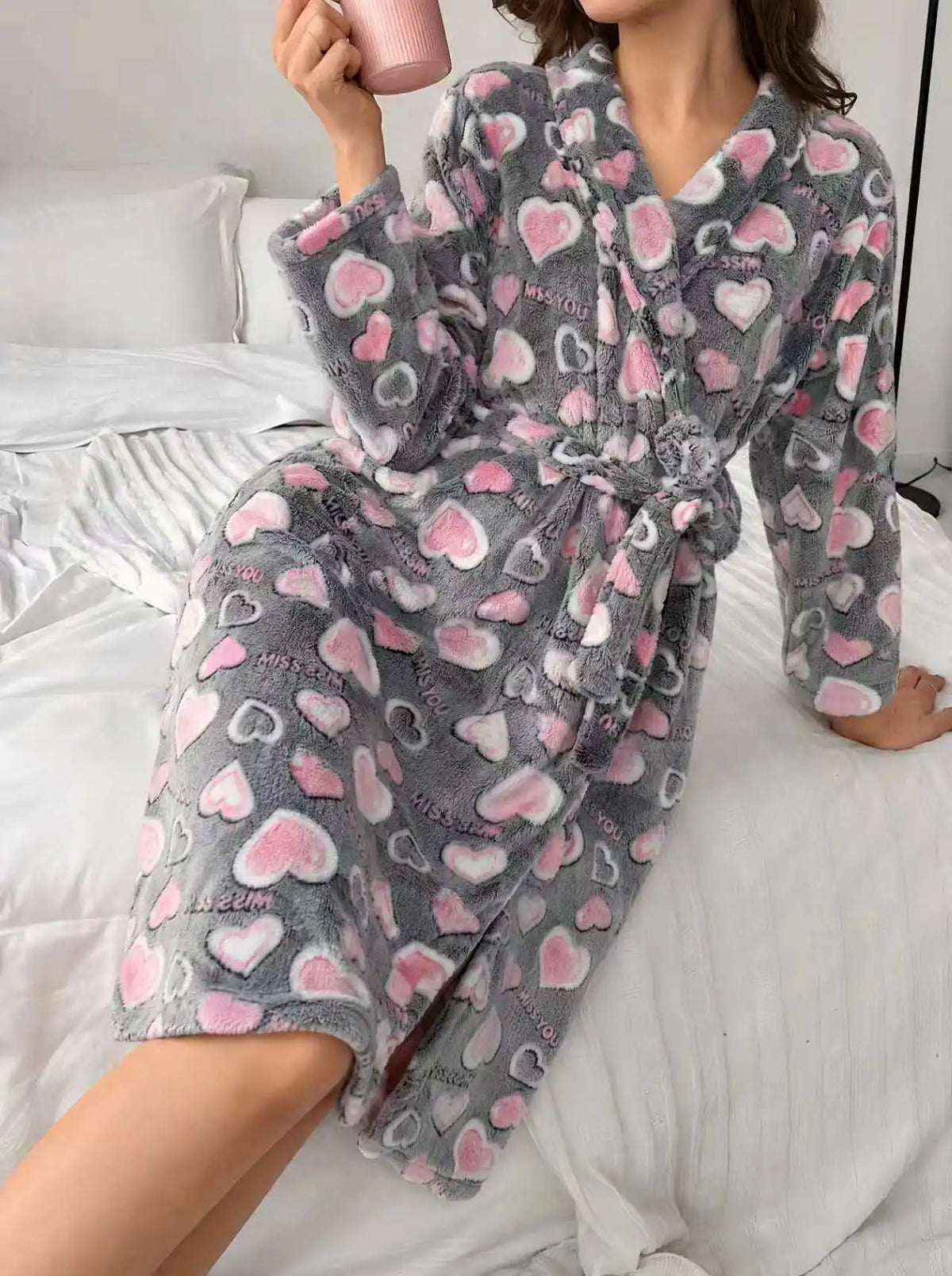 Flanellen Badjas Dames Lang - Zacht Warm Ochtendjas met Verstelbare Ceintuur, Comfortabele Loungewear 3