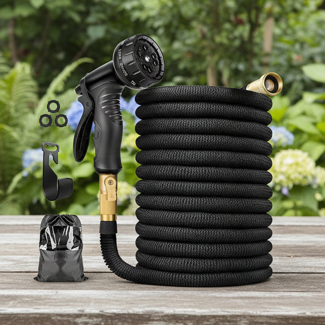 HydroStretchPro™ – Dehnbare Tuinslang met Messing Koppelingen – Knikvrije Reinigings Slang