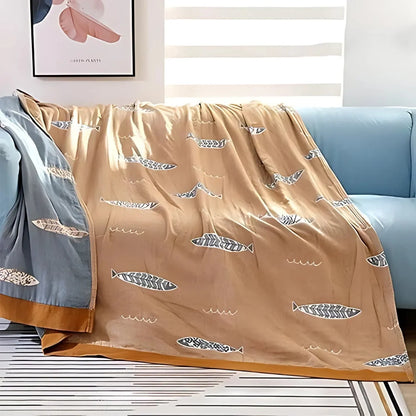 Gleam Deken - Katoen, Omkeerbaar met Gouden Vismotief 3