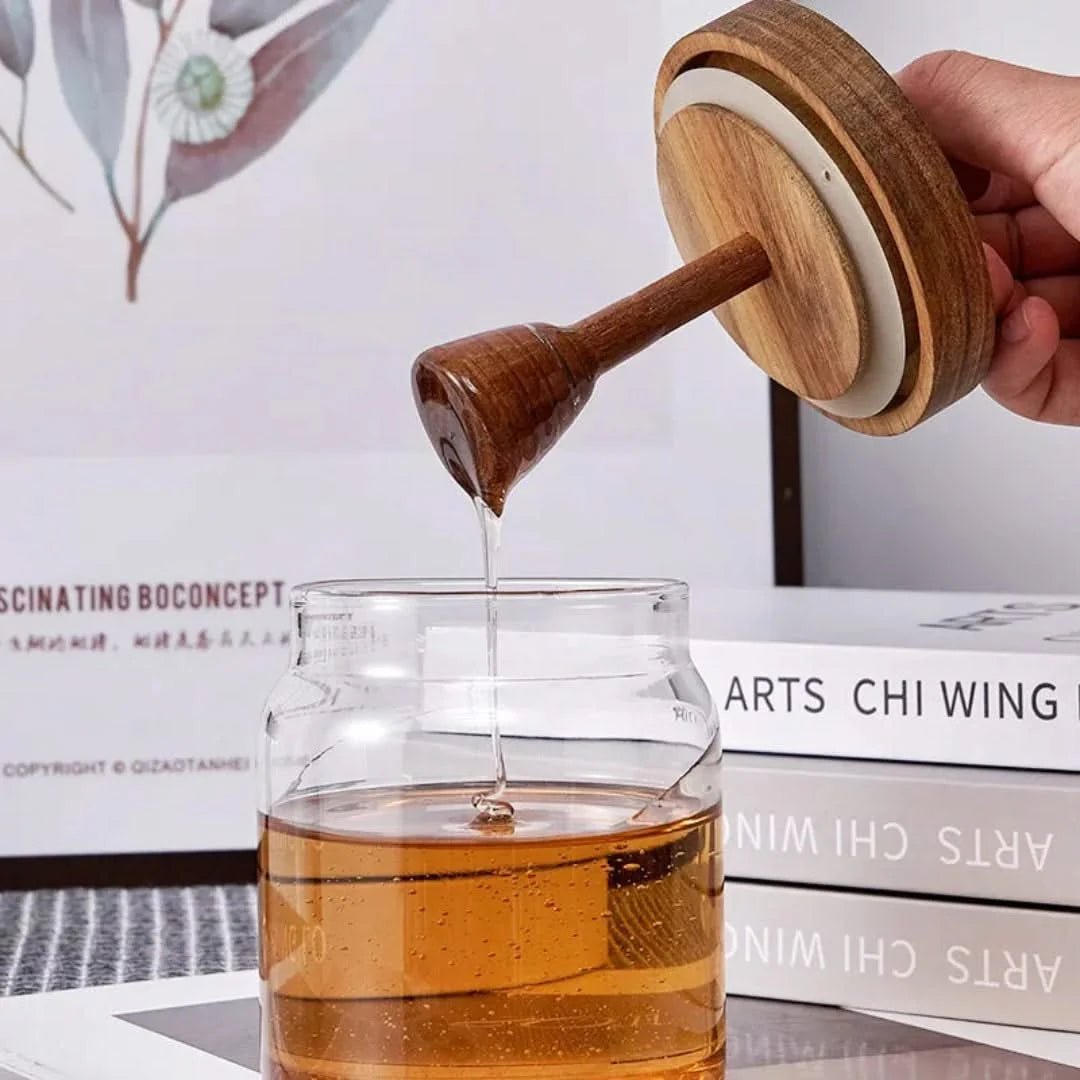 Gleam Honingpot - Glas met Houten Deksel en Lepel 1