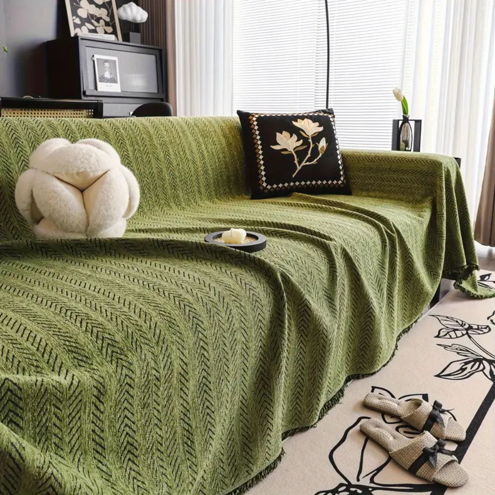 HerringChenille™ – Antislip Chenille Bankcover met Kwastjes – Luxe Bescherming Voor Banken