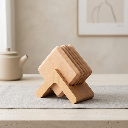 Houtan Onderzetters - Houten Set van 6, Zwart Walnoot en Beukenhout met Houder 1