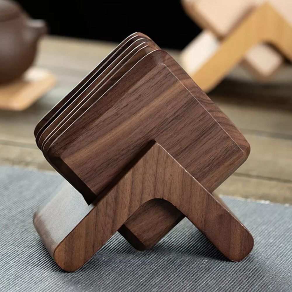 Houtan Onderzetters - Houten Set van 6, Zwart Walnoot en Beukenhout met Houder 3