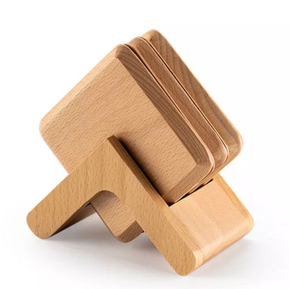Houtan Onderzetters - Houten Set van 6, Zwart Walnoot en Beukenhout met Houder 4