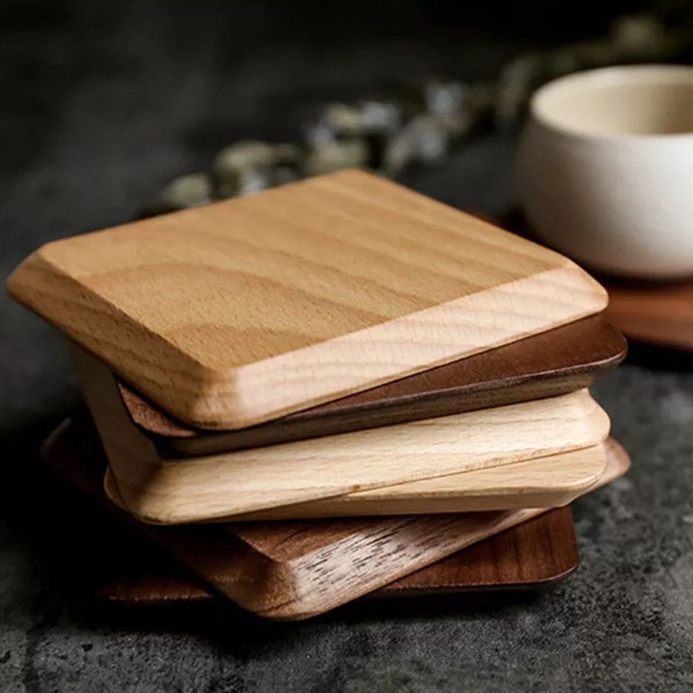 Houtan Onderzetters - Houten Set van 6, Zwart Walnoot en Beukenhout met Houder 6