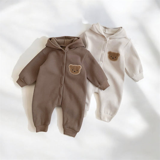 SnugBear™ – Gebreide Playsuit met Capuchon en Oortjes – Warme Baby Outfit