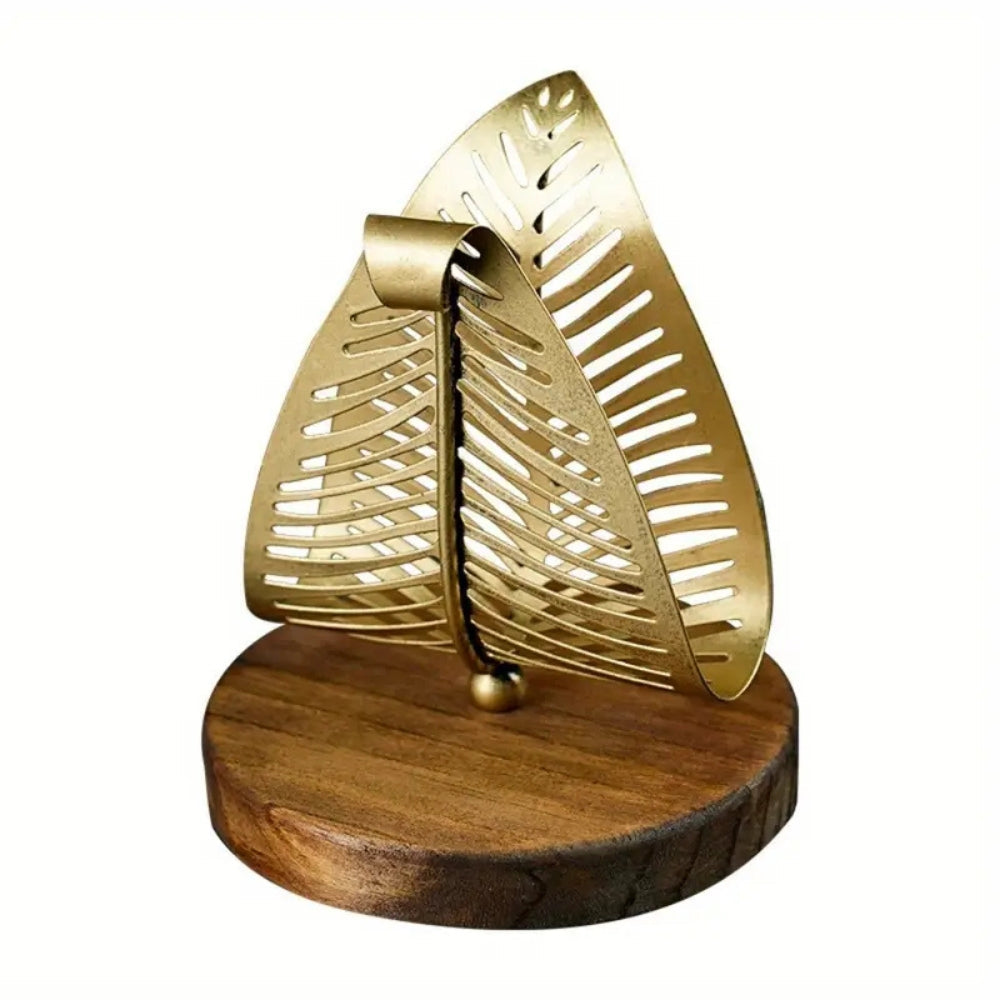 Iris Tissue Holder - Gouden Afwerking, Houten Basis 1