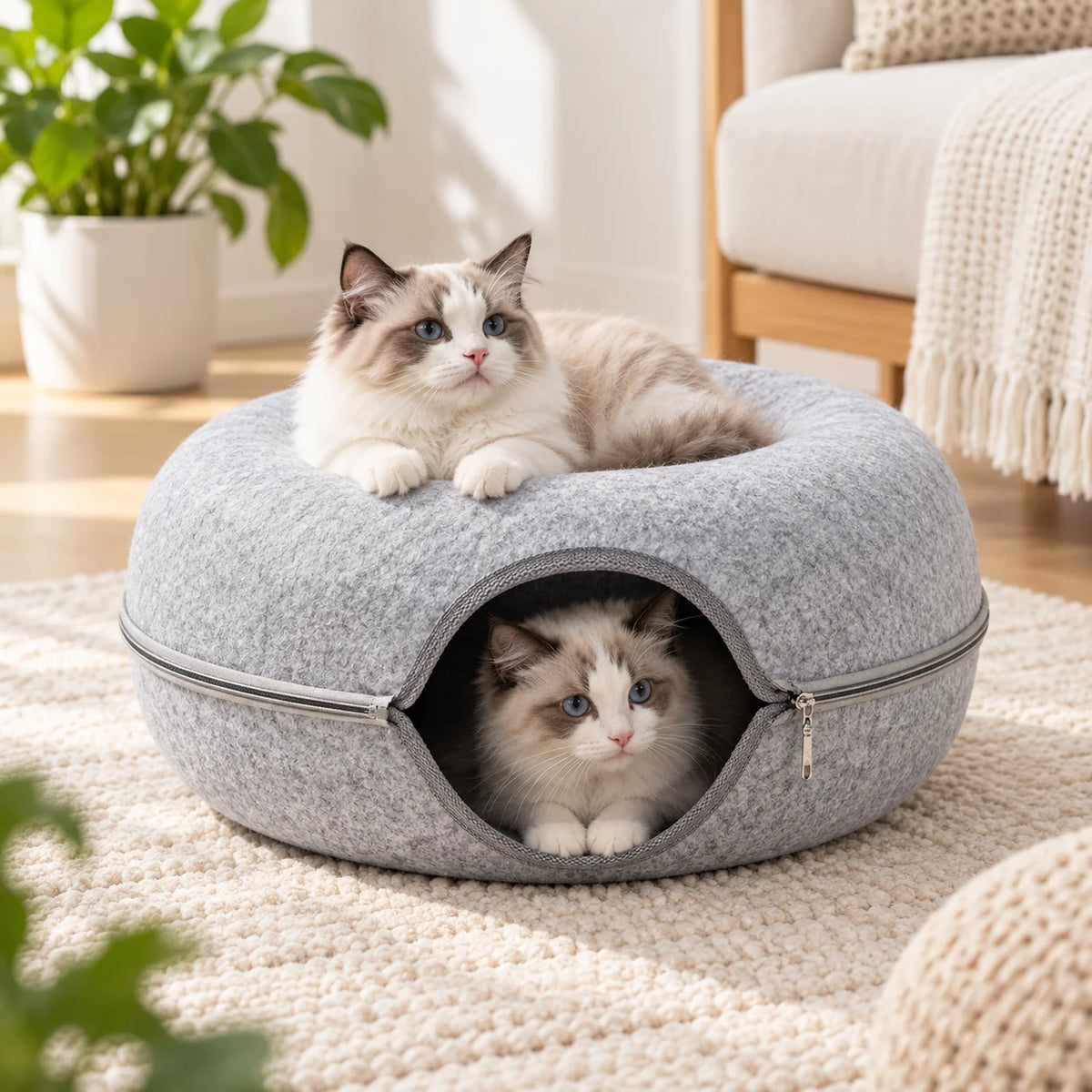 Kora Kattenmandje - Donutvorm, Gevoerd en Afgesloten Nest 0