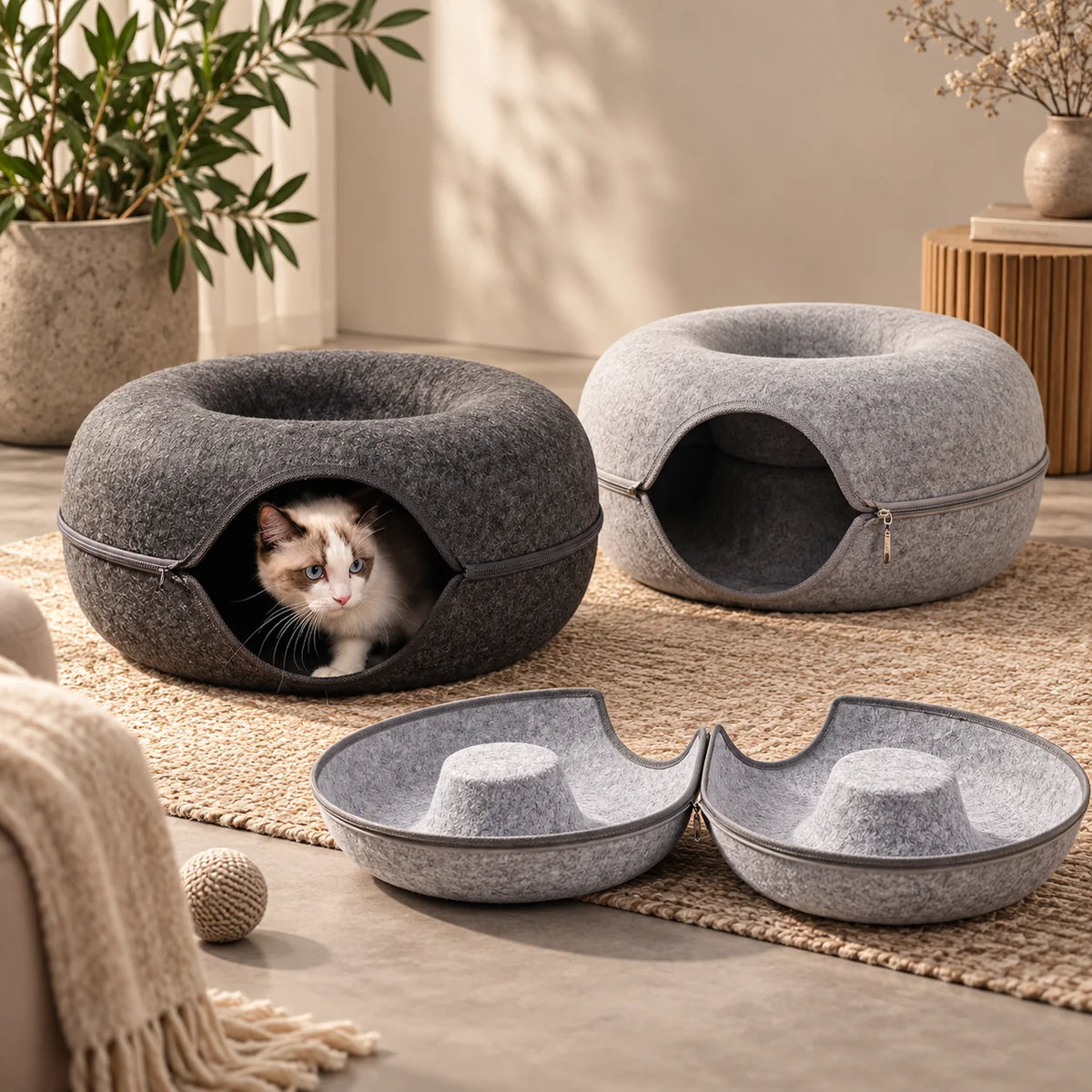 Kora Kattenmandje - Donutvorm, Gevoerd en Afgesloten Nest 1