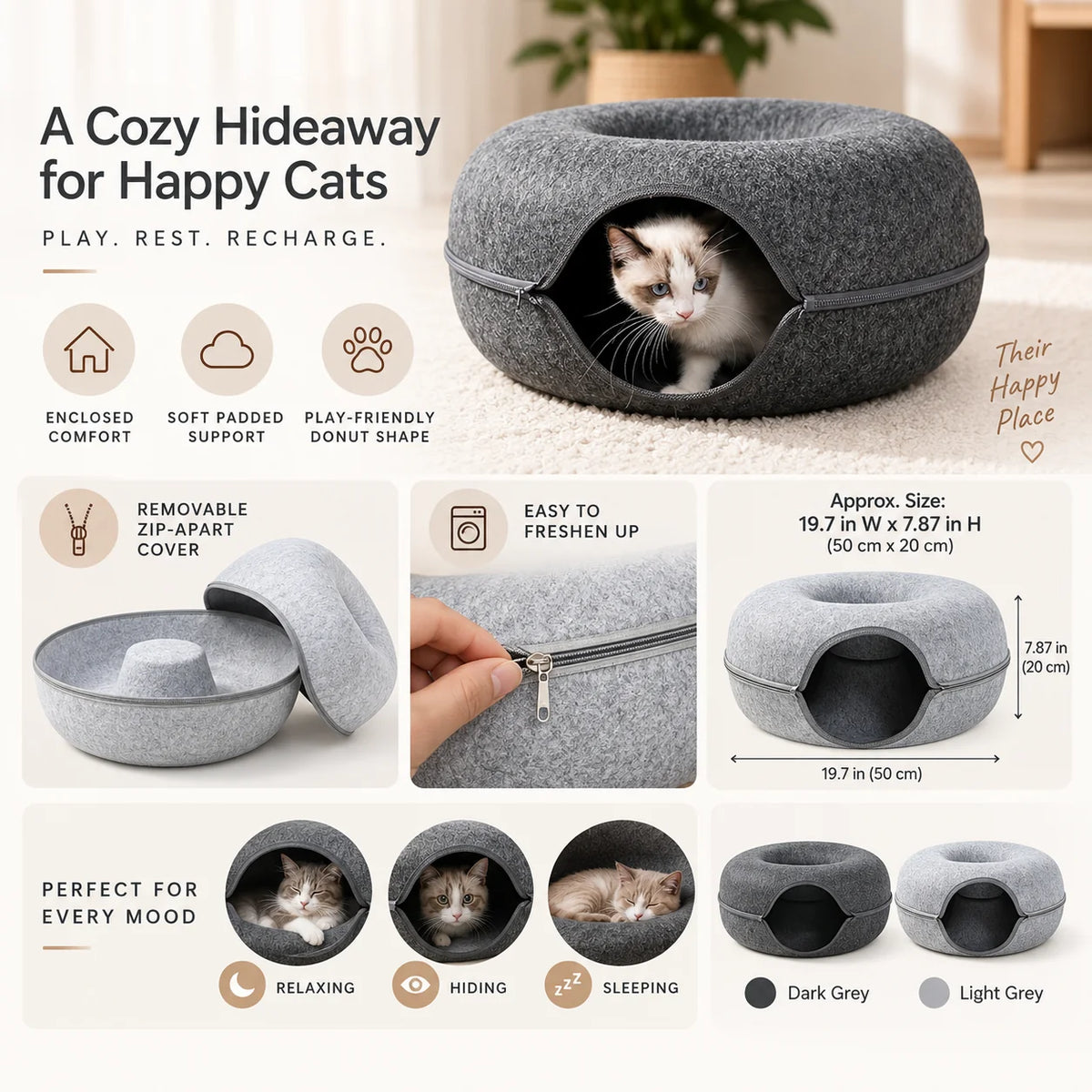 Kora Kattenmandje - Donutvorm, Gevoerd en Afgesloten Nest 5