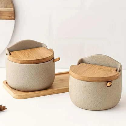 Kora Kruidenpotjes Set - Keramiek met Bamboe Deksels en Houten Dienblad 1