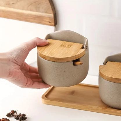 Kora Kruidenpotjes Set - Keramiek met Bamboe Deksels en Houten Dienblad 3