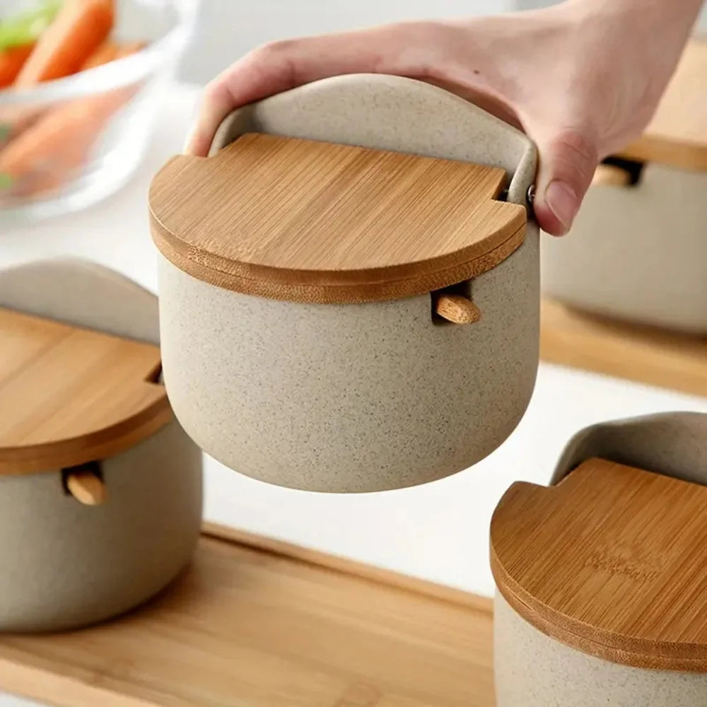 Kora Kruidenpotjes Set - Keramiek met Bamboe Deksels en Houten Dienblad 4