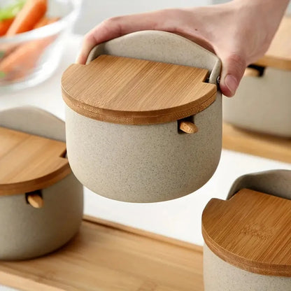 Kora Kruidenpotjes Set - Keramiek met Bamboe Deksels en Houten Dienblad 4